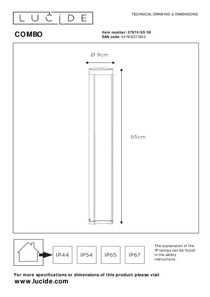 Lucide COMBO - Borne extérieur - Ø 9 cm - LED - 1x9W 3000K - IP54 - Noir - technique